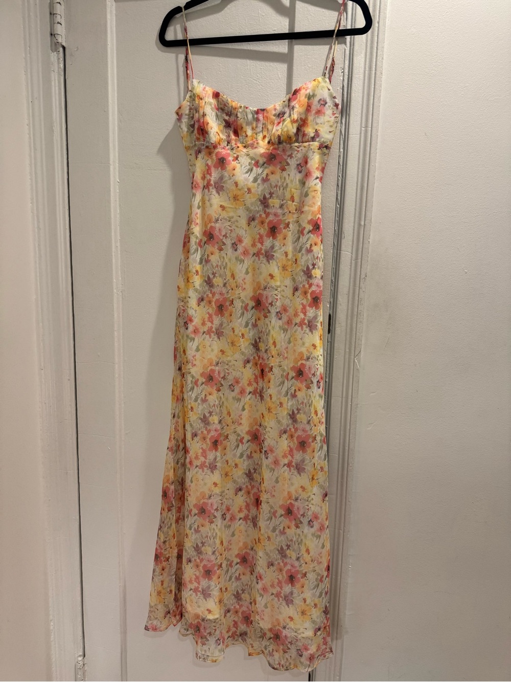 Floral Spaghetti-Strap Maxi Dress in Yellow and Pink